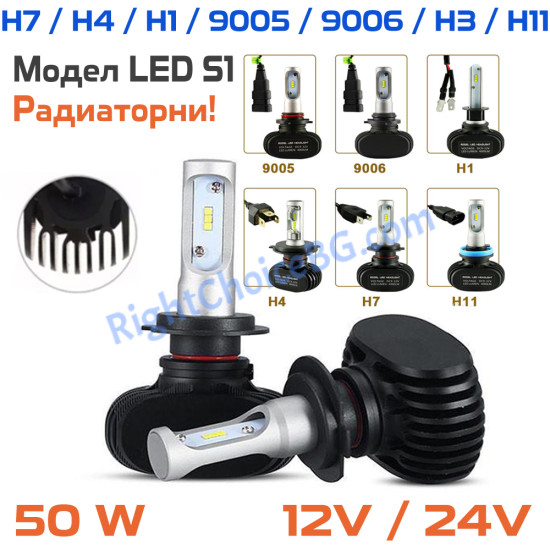 Радиаторни S1 CSP LED крушки 50W 6000K, 2 броя лед в комплект, 12V/24V