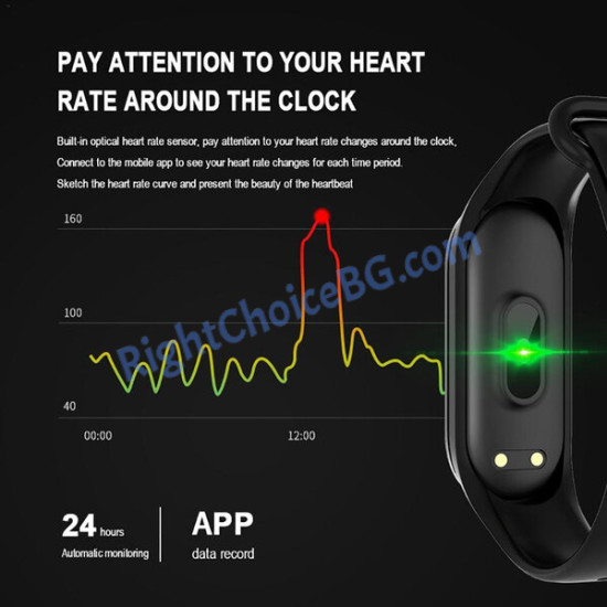 Смарт фитнес гривна часовник M4, крачкомер, калории, сърдечен ритъм, Черен