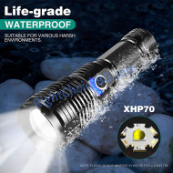 Мощен LED фенер до 1000m XHP70 - USB зареждане, водоустойчив, 90000lm