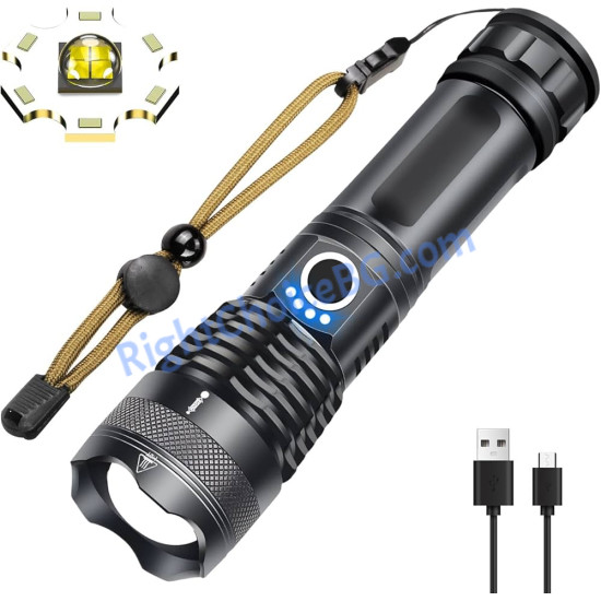 Мощен тактически фенер XHP70 – 5 режима, 90 000 lm, USB презареждаем, водоустойчив IPX5 Мощен тактически фенер XHP70 – 5 режима, 90 000 lm, USB презареждаем, водоустойчив IPX5