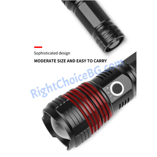 Мощен тактически фенер XHP70 – 5 режима, 90 000 lm, USB презареждаем, водоустойчив IPX5 Мощен тактически фенер XHP70 – 5 режима, 90 000 lm, USB презареждаем, водоустойчив IPX5