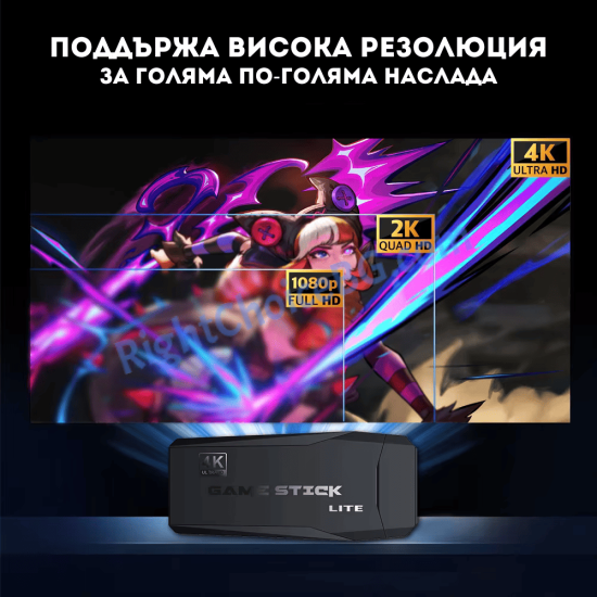 Безжична ретро конзола Game Stick M8 – 20 000+ игри, 64GB, 9 емулатора, HDMI 4K, 2× безжични контролера
