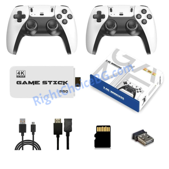 Безжична ретро конзола Game Stick M15 – 30 000+ игри, 64GB, 9 емулатора, HDMI 4K, 2× безжични контролера