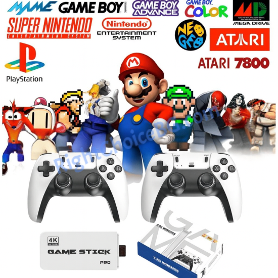 Безжична ретро конзола Game Stick M15 – 30 000+ игри, 64GB, 9 емулатора, HDMI 4K, 2× безжични контролера