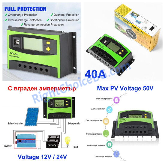 Соларен PWM контролер 40A, За системи 12V и 24V